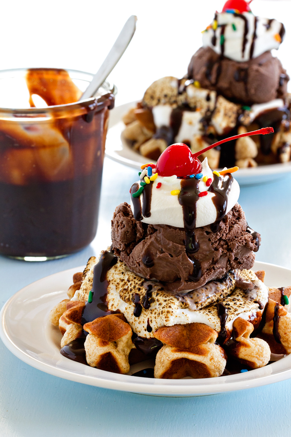 S’mores Waffle Sundaes Campfire Marshmallows.