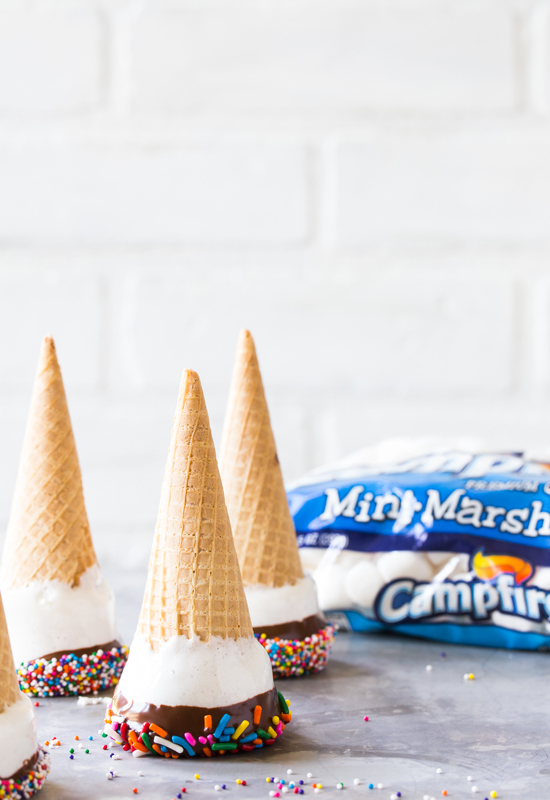 ice cream cones with chocolate and marshmallows