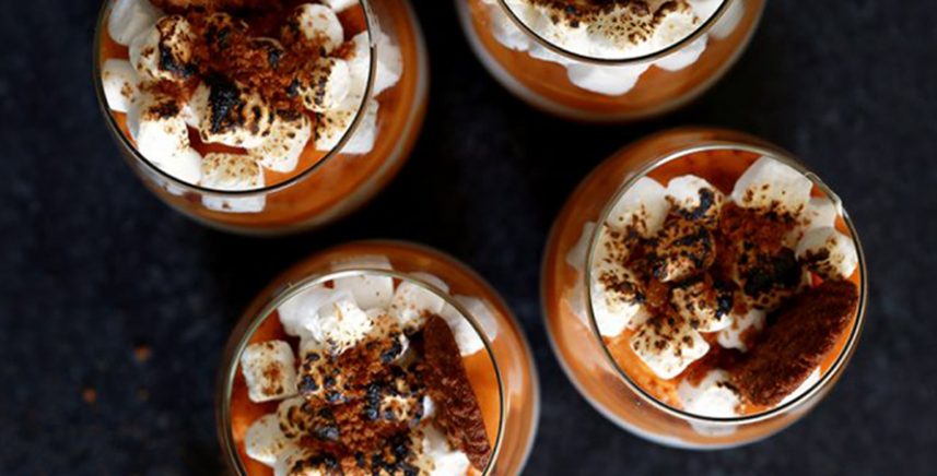 gingersnap sweet potato mousse with marshmallows and gingersnap crumbs on top