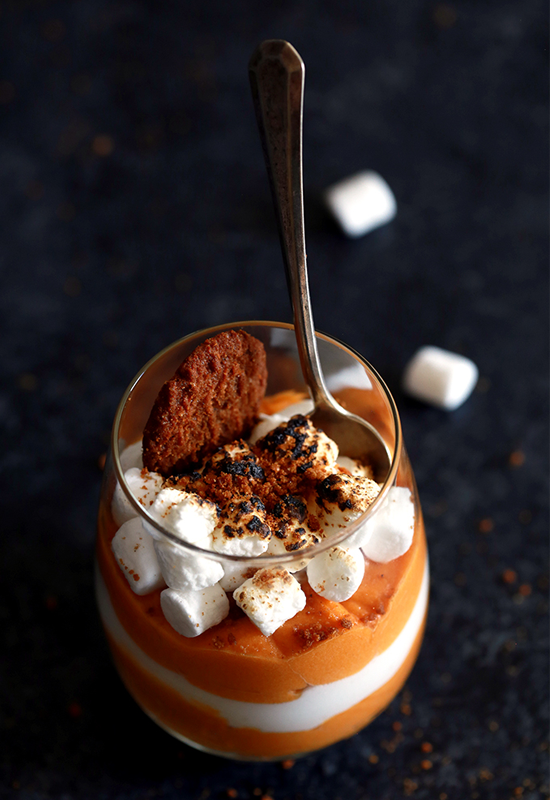 Gingersnap Sweet Potato Mousse in a dish with a spoon