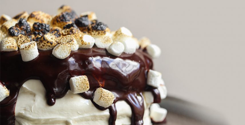 pumpkin s'mores cake with chocolate and mini marshmallows