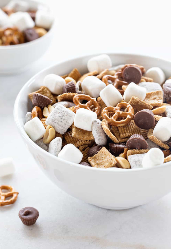 S'mores snack mix in white bowl