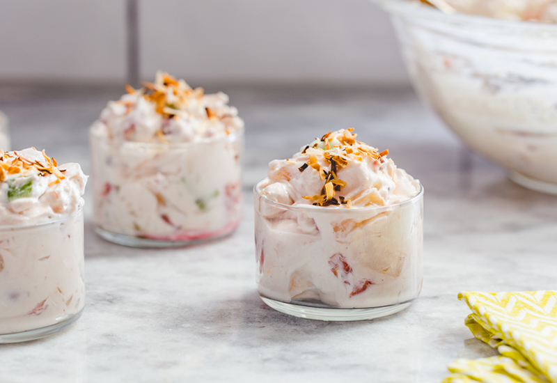 Tropical Fruit Marshmallow Fluff Salad with coconut flakes