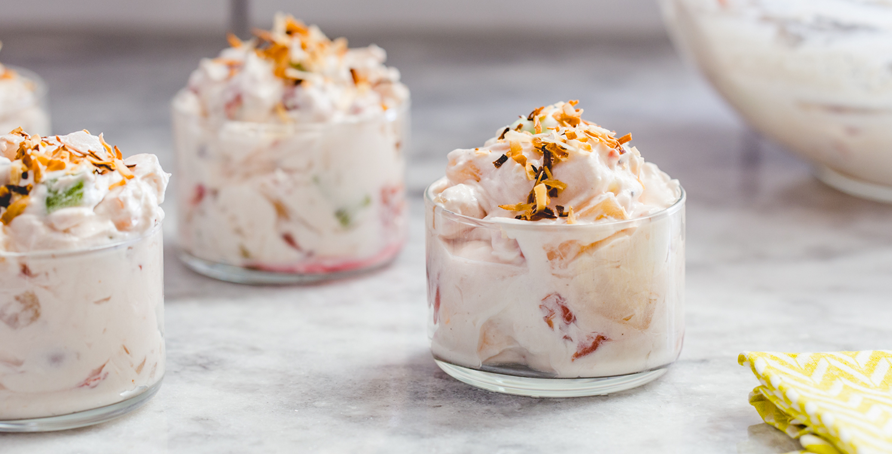 Tropical Fruit Marshmallow Fluff Salad in serving dishes