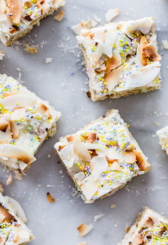 Toasted Coconut Marshmallow Treats with sprinkles