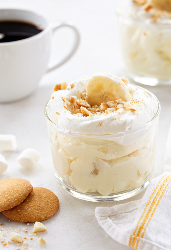 Banana Cream Pie Fluff in dish with coffee and vanilla wafers