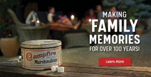 campfire in background of marshmallow packaging him