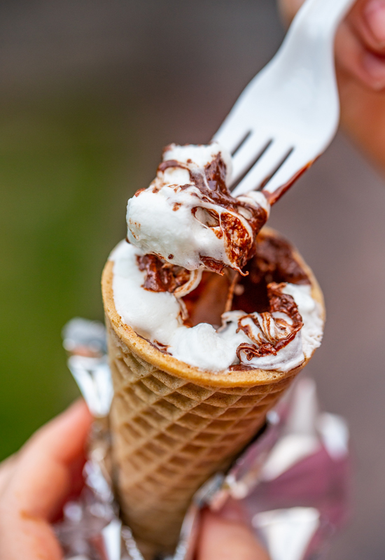 S'mores Cone being eaten with plastic fork