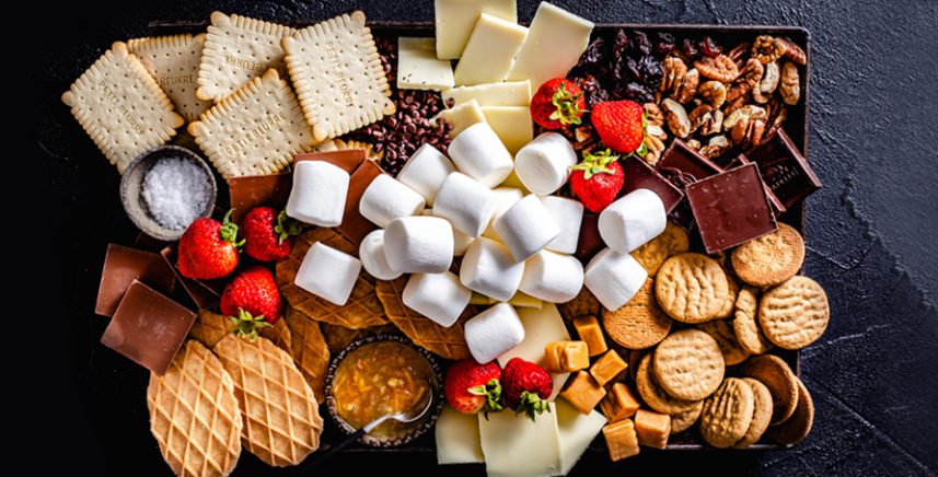 S'mores Party Platter wit chocolates, crackers, cookies, strawberries and marshmallows