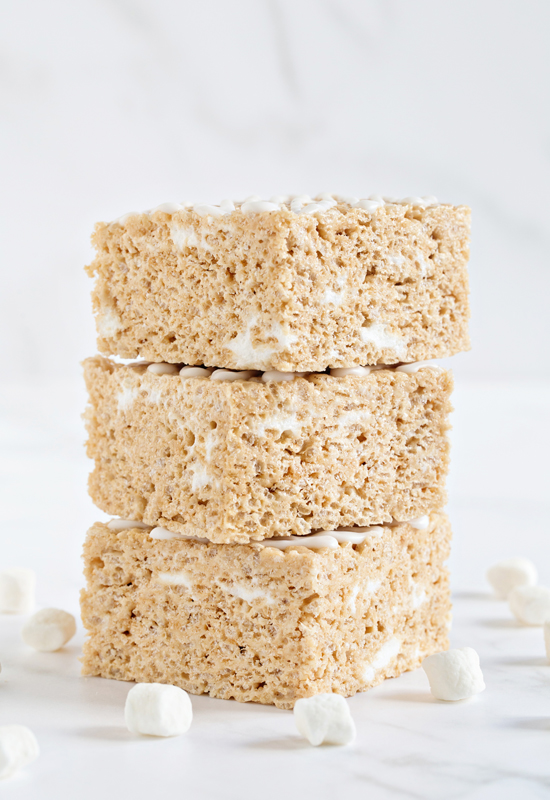 stack of three Brown Butter Rice Krispie Treats