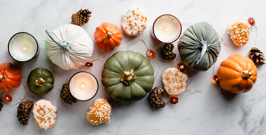 Harvest Pumpkin Candy Marshmallows with candles and pumpkins on table