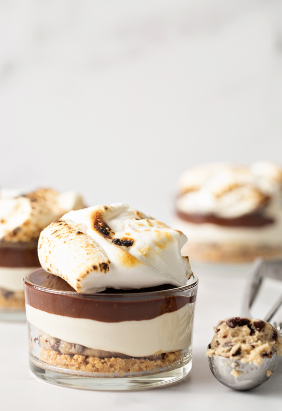 No Bake Cookie Dough S'mores Cheesecake with scoop of cookie dough