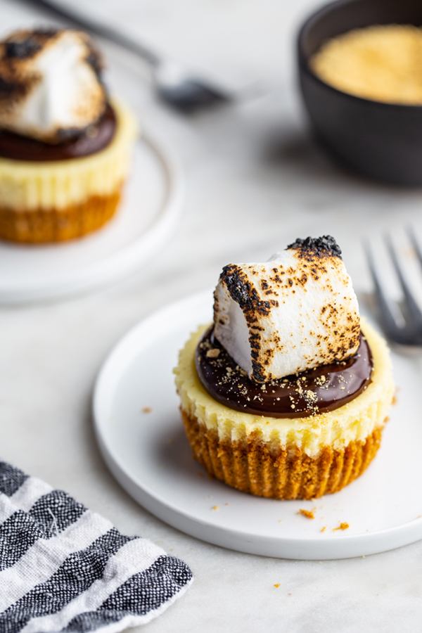 Mini S'mores Cheesecakes with tea towels and forks