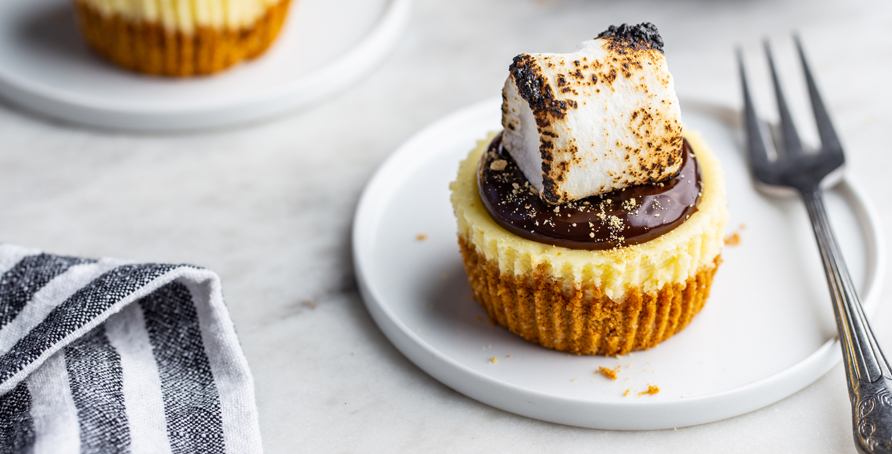 two mini s’mores cheesecakes on white plates