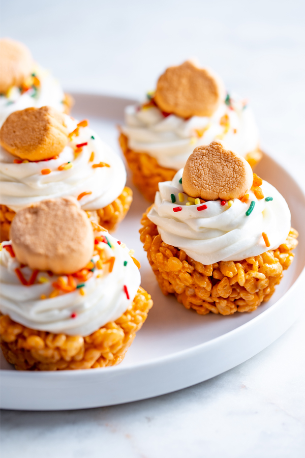 plate of Pumpkin Spice Marshmallow Treat Cupcakes