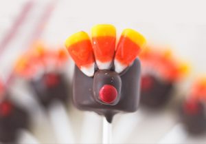 Candy turkey made with marshmallow, chocolate, candy corn, and red chocolate candies