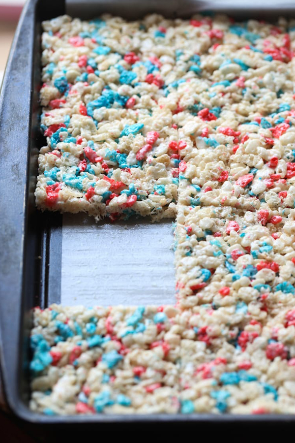 rice krispie treats made with red, white and blue colored cereal