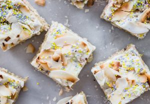 Toasted Coconut Marshmallow Treats on counter